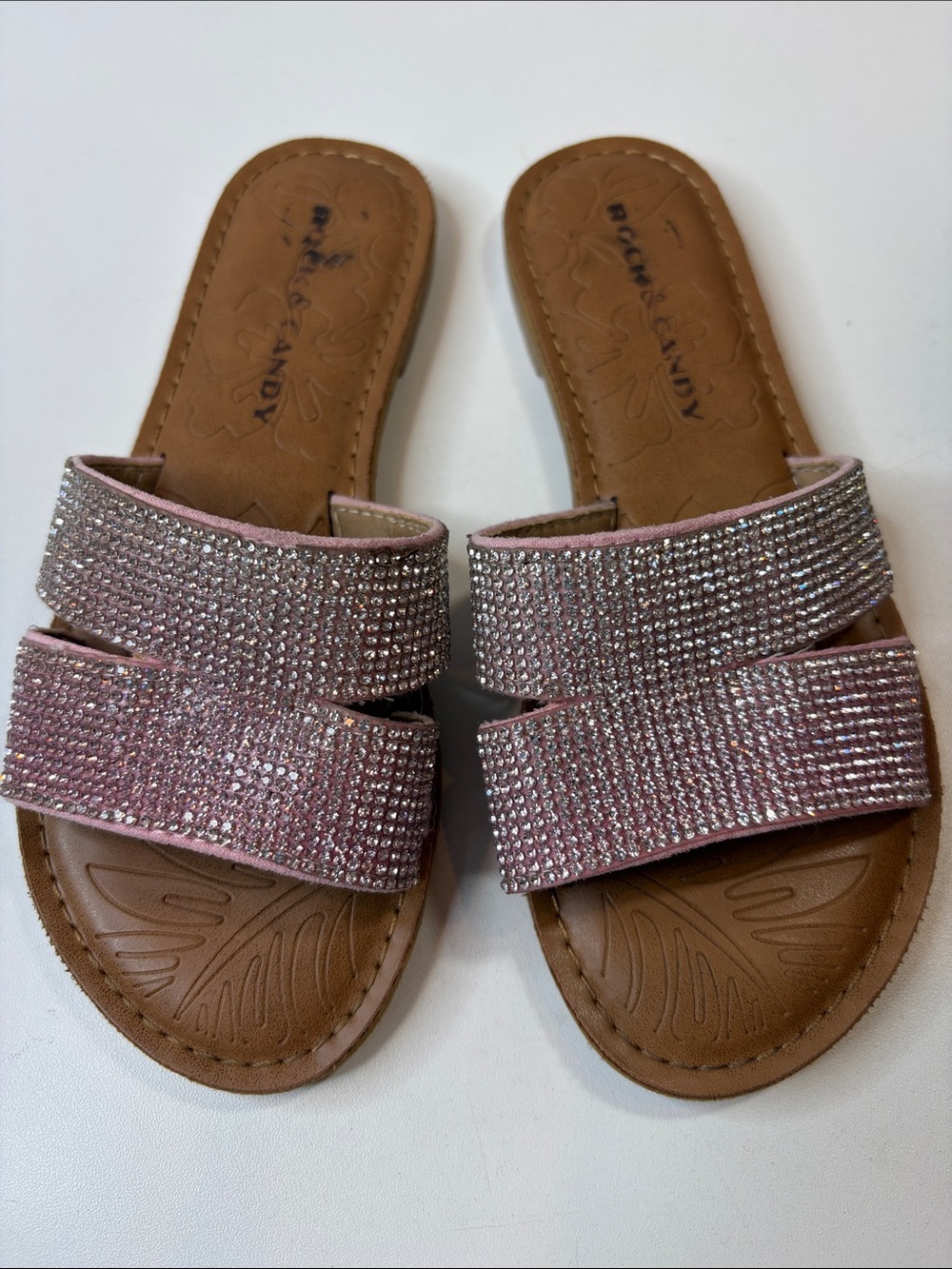 Rock & Candy Girls Size 1 Pink Rhinestone Slide Sandals